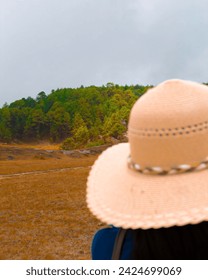 View about a forest with cloudy sky and a person with hat taking a photos.
Vista sobre un bosque con cielo nublado y una persona con sombrero tomando fotos
