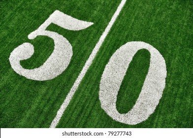 View From Above Of 50 Yard Line On American Football Field With Artificial Turf