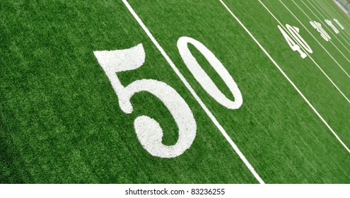 View From Above Of 50 Yard Line On American Football Field With Artificial Turf