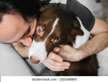 View From Above. Adult Man Hugs A Beautiful And Cute Dog.