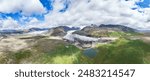 View from above, aerial shot, stunning panoramic view of the Svínafellsjökull glacier. Svínafellsjökull is an outlet glacier of Vatnajökull, the largest ice cap in Europe. Iceland.