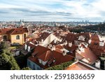 view from above of the city of Prague. Czech Republic. Streets, roofs and architecture of the city of Prague in winter.