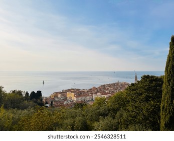 view from above of a coastal town Piran, Slovenia. lush greenery. calm sea. clear sky. sunny day. urban landscape blending - Powered by Shutterstock