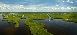 View From Above Of Florida Everglades With Green Vegetation Between Ocean Water Inlets. Natural Habitat Of Many Tropical Species In Wetlands