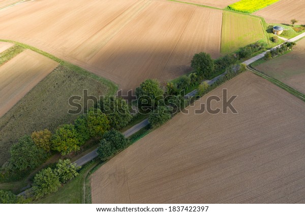 View from above of harvested, dried out fields in\
Rhineland-PÜfalz / Germany