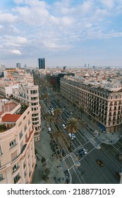 View From Above La Diagonal Street In Barcelona City Sunny Day Busy Traffic With Cars