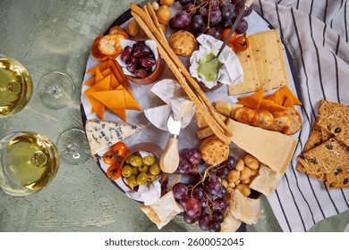 A view from above of a large round Charcuterie Board and glasses of white wine on a green table
