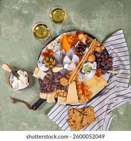 A view from above of a large round Charcuterie Board and glasses of white wine on a green table