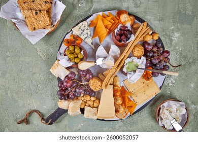 A view from above of a large round Charcuterie Board and glasses of white wine on a green table