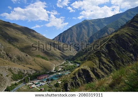 View from above on the Argun river in Caucasus mountains gorge and russian military frontier post. Chechnya. Russia