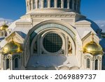 A view from above on the facade of the Naval Cathedral of St. Nicholas the Wonderworker in Kronstadt. Kotlin Island.