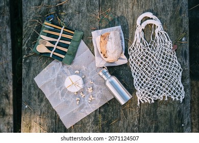 View From Above Of Picnic Lunch Spread On An Outdoor Table. Zero Waste, Sustainable Solution To Avoid Using Plastic.