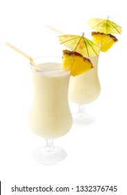 View From Above Of Pina Colada With Pineapple And Cherry Isolated On White Background