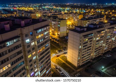 View From Above Of The Roofs Of Contemporary Block Of Flats. Ulyanovsk Residential District At Night, Russia
