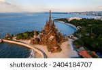 View from above at The Sanctuary of Truth wooden temple in Pattaya Thailand is a gigantic wooden construction located at the cape of Naklua Pattaya City Chonburi Thailand