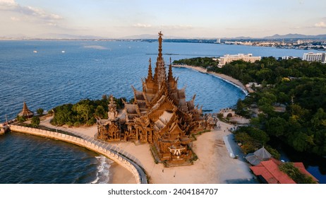 View from above at The Sanctuary of Truth wooden temple in Pattaya Thailand is a gigantic wooden construction located at the cape of Naklua Pattaya City Chonburi Thailand