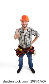 View From Above Of Smiley Builder In Hard Hat And Belt With Tools Showing Thumbs Up. Isolated On White Background
