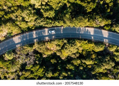 View From Above, Stunning Aerial View Of A Moving Car On A Road Surrounded By A Beautiful Green Vegetation. Sardinia, Italy.