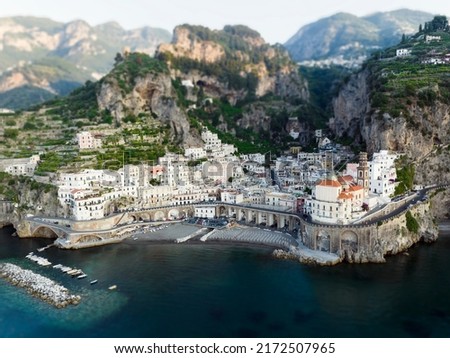 View from above, stunning aerial view of the village of Atrani. Atrani is a city and comune on the Amalfi Coast in the province of Salerno, Italy. Tilt-shift effect applied.