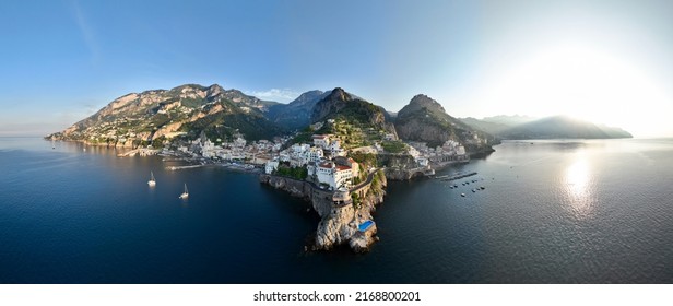 View from above, stunning panoramic view of the villages of Amalfi and Atrani. Amalfi and Atrani are two cities on the Amalfi Coast in the province of Salerno in the Campania region of south Italy. - Shutterstock ID 2168800201