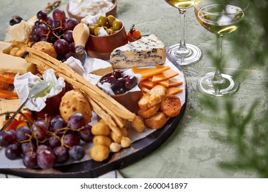 A view from above through the greenery of a large round Charcuterie Board and glasses of white wine on a green table