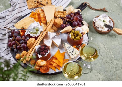 A view from above through the greenery of a large round Charcuterie Board and glasses of white wine on a green table - Powered by Shutterstock - Get 15% off with code: PIKWIZARD15
