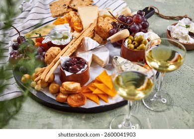 A view from above through the greenery of a large round Charcuterie Board and glasses of white wine on a green table