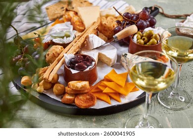 A view from above through the greenery of a large round Charcuterie Board and glasses of white wine on a green table