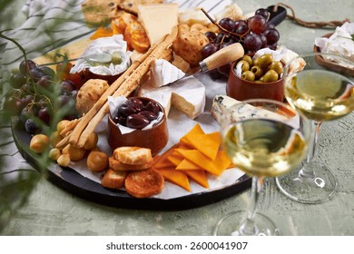 A view from above through the greenery of a large round Charcuterie Board and glasses of white wine on a green table