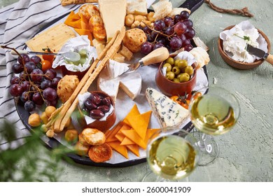 A view from above through the greenery of a large round Charcuterie Board and glasses of white wine on a green table