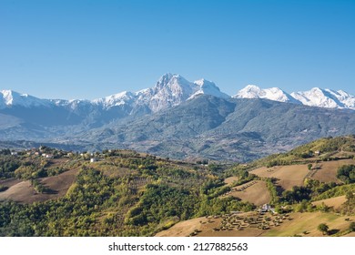 View of the Abruzzo mountain Gran Sasso and view of the hills below