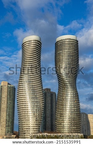 A view of Absolute World twin tower residential skyscraper complex in Mississauga, Ontario, Canada