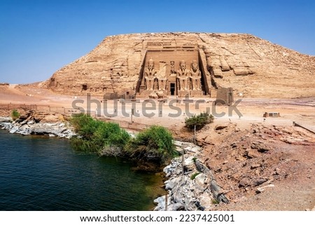 View of Abu Simbel Temple and the shore of Lake Nasser in Egypt