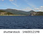 view across the Bonne Bay towards the town of Norris Point, scenery along the Viking Trail in the Gros Morne National Park, Newfoundland and Labrador, Canada