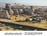 View across Brimham Rocks near Harrogate in North Yorkshire where millstone grit boulders dropped into place by the ice age have become a popular visitor attraction for tourists from around the world