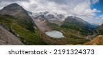 View across a glacial lake from Sustenpass in Switzerland near Andermatt. Landscapes of the mountains and the nature of the Susten region.