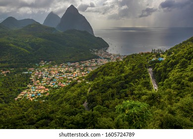 A view across Soufriere towards the Pitons in St Lucia