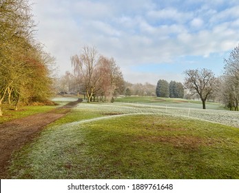 View Across A Sun Soaked Winter Scene On A British Golf Course. 