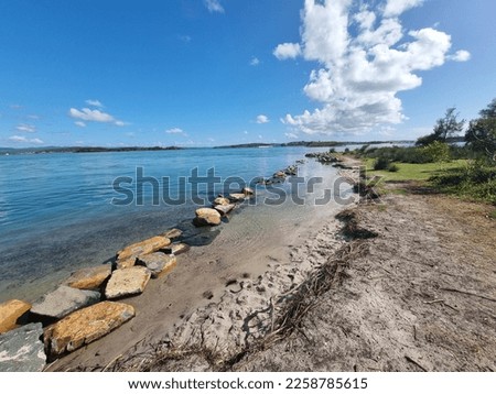 View across the waters of Lake Macquarie from the shore near Swansea New South Wales Australia