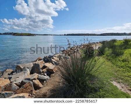 View across the waters of Lake Macquarie from the shore near Swansea New South Wales Australia