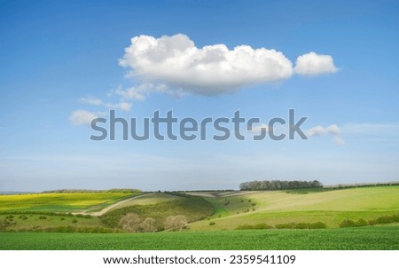 View across the Wolds with fields of wheat and oil seed rape and rolling landscape under bright blue sky and distictive clods in Sledmere, Yorkshire, UK.
