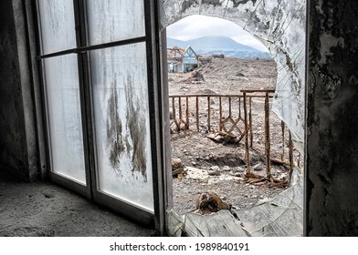 View At Active Volcano Through Window Of House Destroyed By Eruption. Montserrat, Eastern Caribbean.