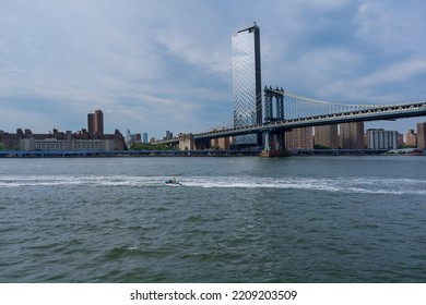 View From An Aerial Perspective Of New York Manhattan Panorama Skyline Viewed From Manhattan Bridge On East River Horizon