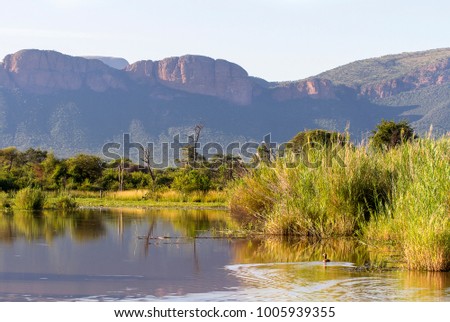 The view afforded from the Matlabas River of the distant Waterberg Mountains, from the Marakele National Park, in South Africa.