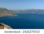 View of Agia Kyriaki town and Myrtoan sea from Monemvasia island, Upper Town. Peloponnese. Laconia. Greece. 