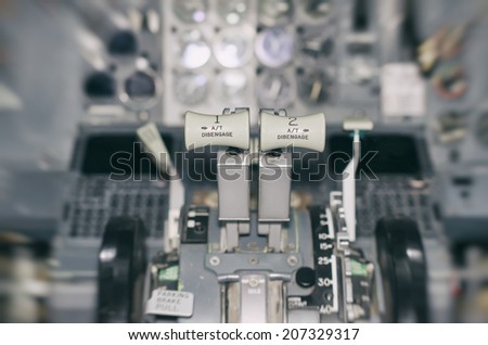 View of aircraft thrust lever. Motion effect.