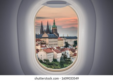 View from airplane on Prague castle in Czech republic.