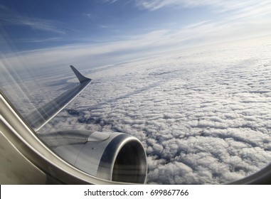 View From An Airplane Window Soon After Take Off While Accelerating And Changing Course.