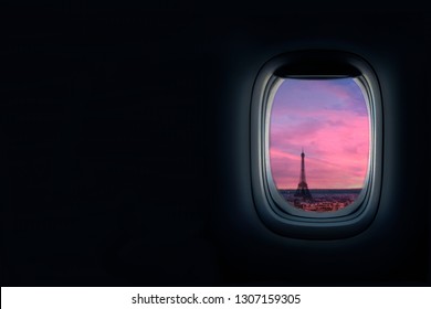 View From Airplane Window At Sunset Of The Paris. Eiffel Tower In View, Travel To Paris Concept For Travel Agency