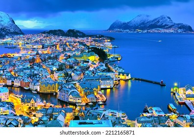 View Of Alesund, Norway At Night In Winter.